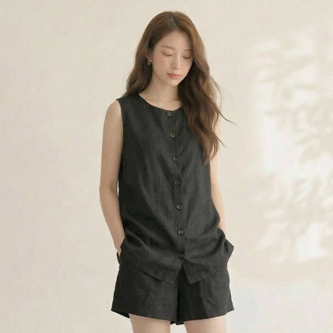 드마엘 여성 위브 린넨 민소매 투피스 상하세트 (2color)+델로나