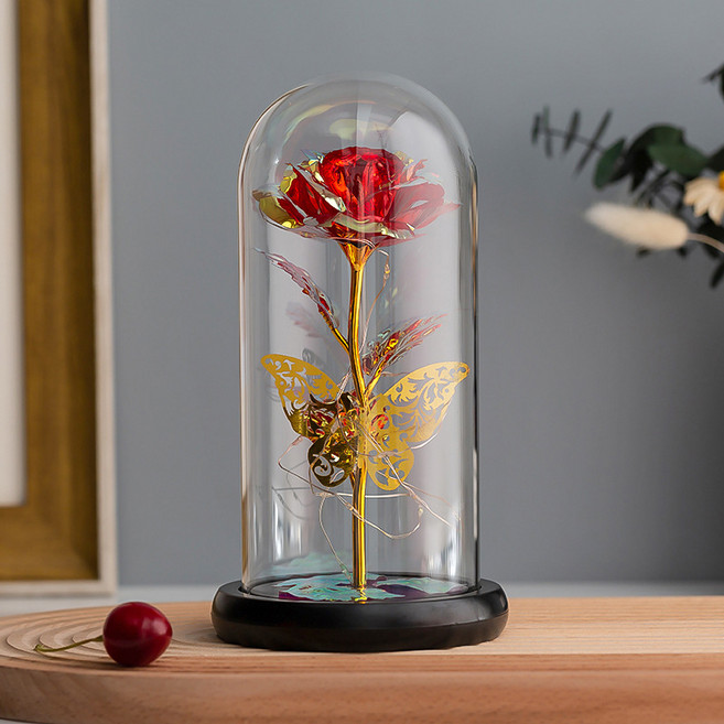Clybo 유리커버 영생화 장미꽃 무드등 창의적 선물소품, 레드+나비+3잎(채색등)