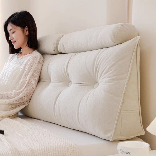 패션플래시 삼각 등받이 침대 쿠션 벨벳 극세사 헤드 쿠션, 아이보리