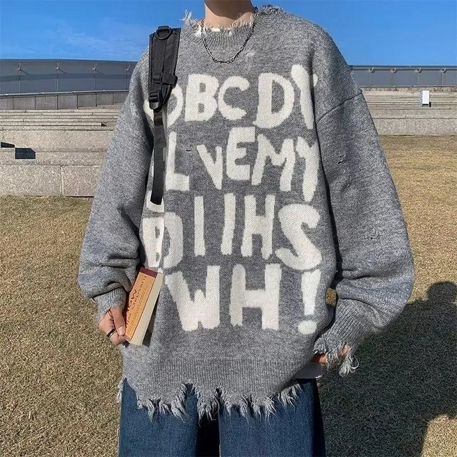 페이준 남자 봄가을 언밸런스 프린트 레터링 스웨터 루즈핏 라운드 풀오버 스웨터 LN130