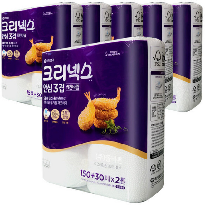 크리넥스 안심3겹 키친타올 150+30 (), 1매, 6개
