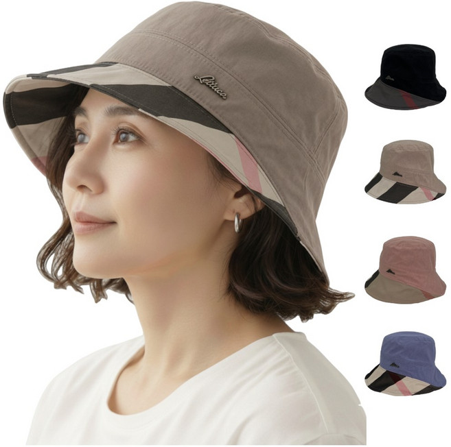 국산 중년 여성 봄 여름 체크 벙거지 모자 자외선 차단 와이드 챙모자 얼굴 절반 가림 모자