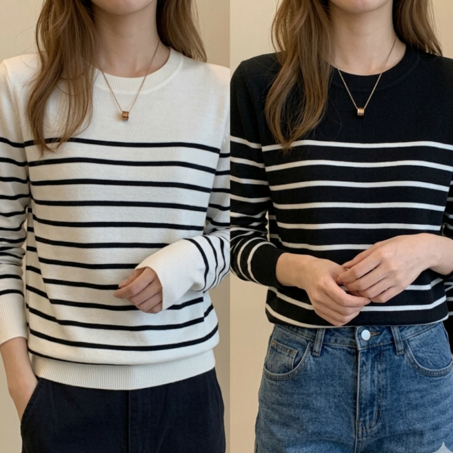 코코러비 여성 봄 긴팔 스트라이프 심플룩 라운드넥 꾸안꾸 니트 티셔츠 2종 세트