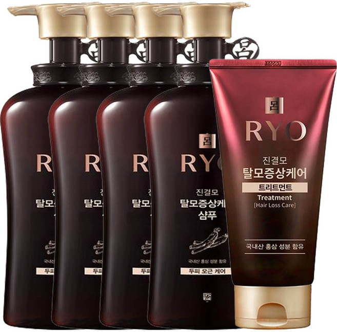 [최신형]려 진결모 탈모증상케어 샴푸 490ml x 4개 + 트리트먼트 300ml x 1개, 1세트