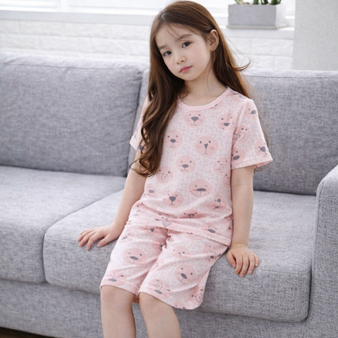 행복한쇼핑몰 여아용 무형광 린넨 쿨드라이 스마일 핑크 상하의 반팔 세트