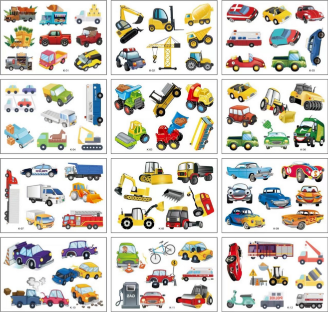 KC인증 어린이 자동차 타투스티커 페이스페인팅 판박이 어린이집 유치원 학교 집콕놀이 수업 재료, K타입, 1세트, 탈것