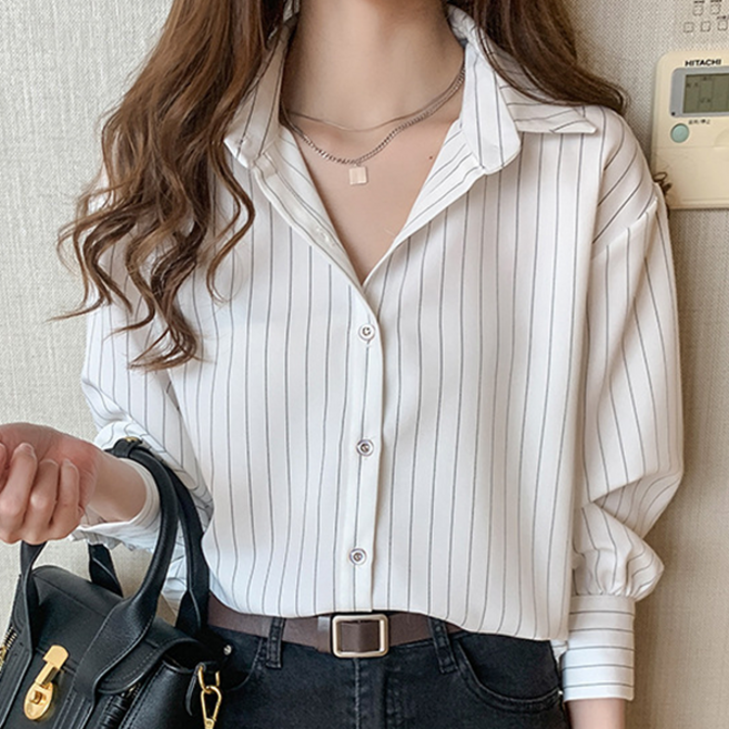 로렌미 모빈 스트라이프 카라넥 셔츠 블라우스 S250811FW-13