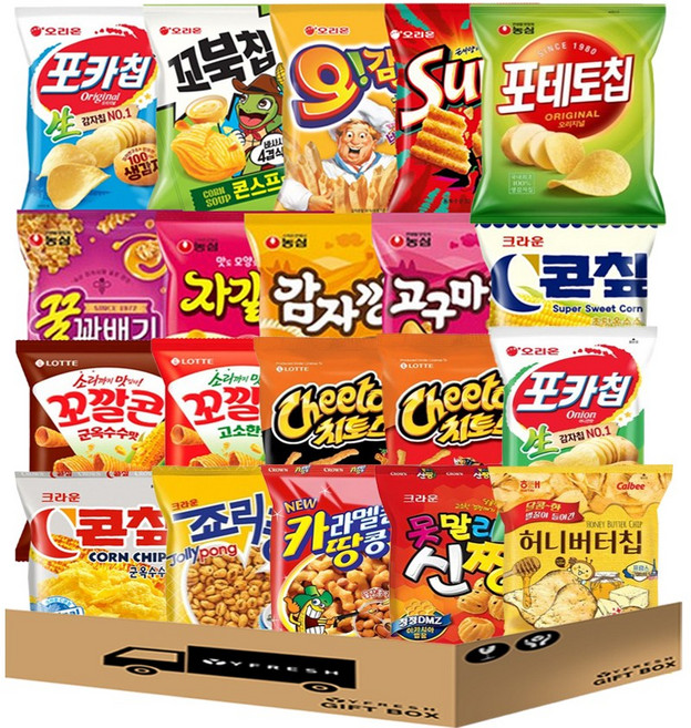 [YFRESH]인기 봉지 스낵 과자 세트(농심인기스낵4번들 오리온최고스낵4묶음 크크스낵 롯데스낵4번들 허니버터칩 포테토칩 콘칲초당 포카칩어니언), 1세트, [와이프레쉬]스낵20종 1세트