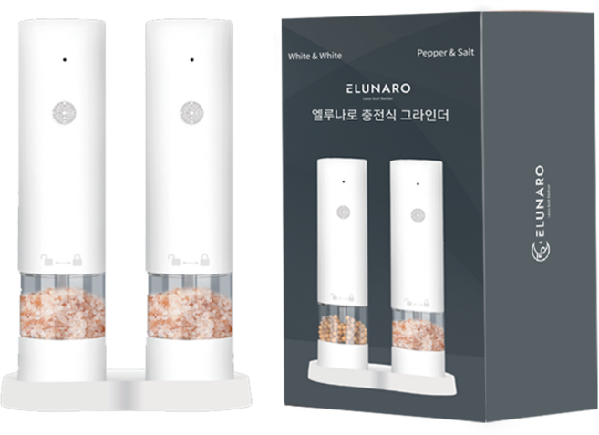 1+1 엘루나로 충전식 자동 전동 소금 후추 그라인더, 화이트+화이트, 1개, 60ml