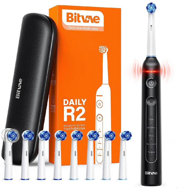 비트베이 R2 회전전동칫솔 스마트압력센서 칫솔모8개 /휴대용케이스 포함 Bitvae Amazon 베스트 모델, 블랙