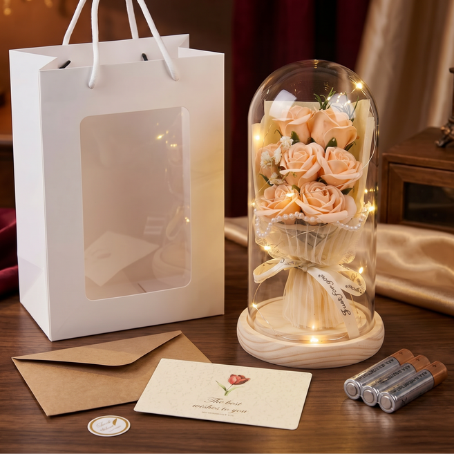 아노유 유리돔 장미 카네이션 꽃 LED 무드등 선물포장세트, 로즈-피치