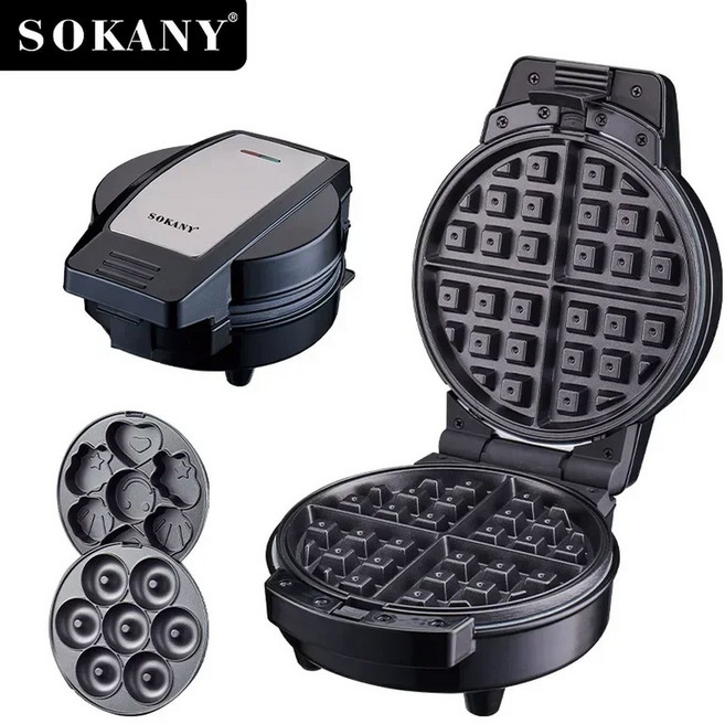 홈 쿠킹 와플메이커 아침 식사 및 애프터눈 티를 위한 3-in-1 분리형 와플 샌드위치 메이커, KR, 4)black