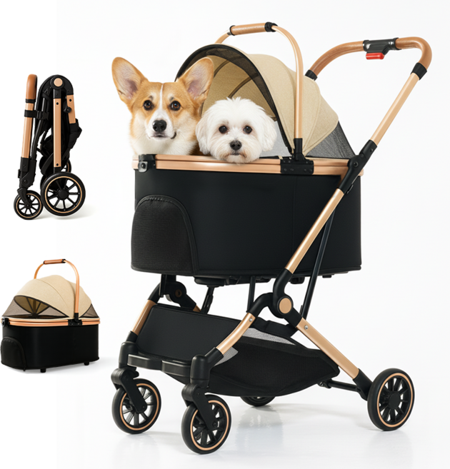 FODOSS 강아지 유모차 접이식 분리형 알루미늄 합금 개모차 야외 산책 옷감 고양이유모차, 카키색, 1개