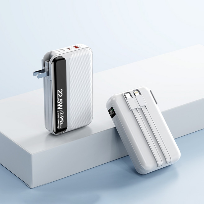 30000mAh 快充行動電源 自帶充電線 22.5W快充 數字顯示電量 AC插頭行充, 輕奢白-30000mAh（快充）, 白色, 動能電源 3W