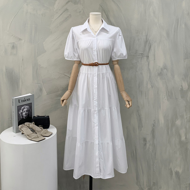 [행복여] 루아 셔링 셔츠 카라 벨트 세트 롱 원피스