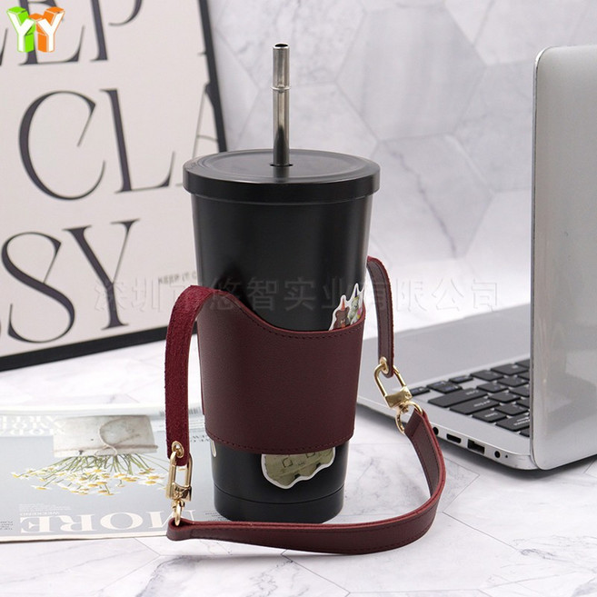 手提咖啡杯套 防燙皮革奶茶杯套 外帶飲料杯提袋, 酒紅色, 1個