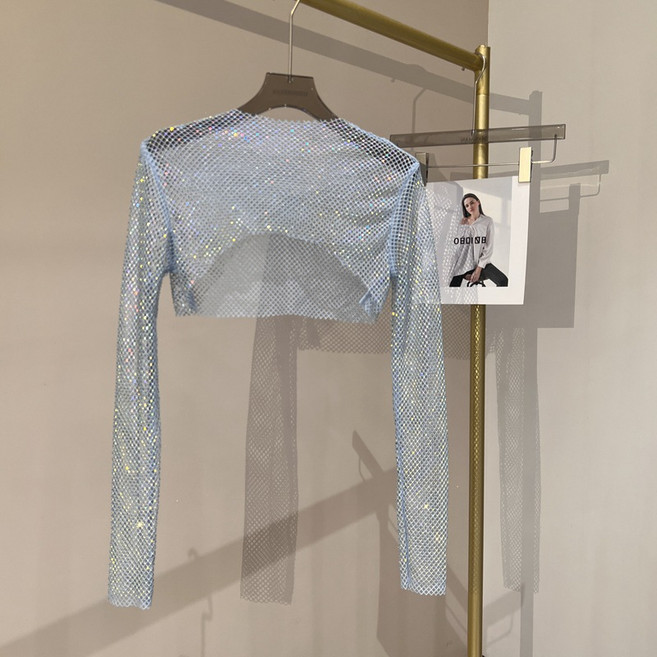 여성 얇은 섹시 컬러 쇼트 톱 메쉬 큐빅 긴팔 티셔츠 스팽글 파티 셔츠