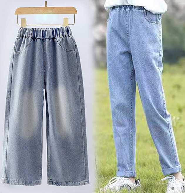 무암티 주니어 여아 와이드 밴딩 데님 청바지+일자 밴딩 데님 청바지 2종세트