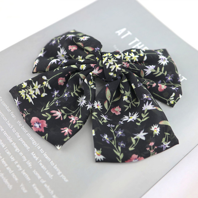 꽃무늬 쉬폰 리본 머리핀 플라워 헤어클립 블랙 HEW01