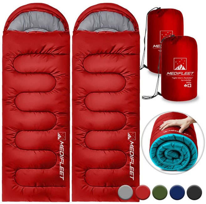 메디플릿 겨울용 머미형 야외 캠핑 침낭 + 수납가방, 2개, 액티브 레드 (2400g)