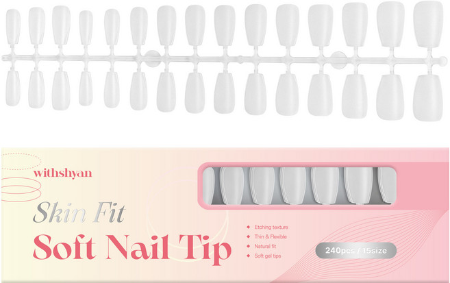 위드샨 스킨핏 프리미엄 네일 연장팁 240p/15size 말랑 에칭 풀팁, 1개, 01 숏 코핀