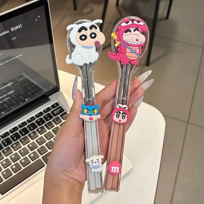 [신상] 밀크카 짱구 ( 젖가락 숟가락 +세트 케이스)플라워리스 무소음 젓가락세트, 1세트, 핑크 스타일