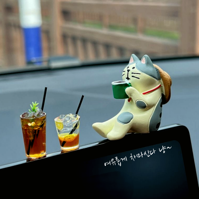 카미 귀여운 고양이 차량 피규어 모니터 장식, 1개, 차마신다 냥