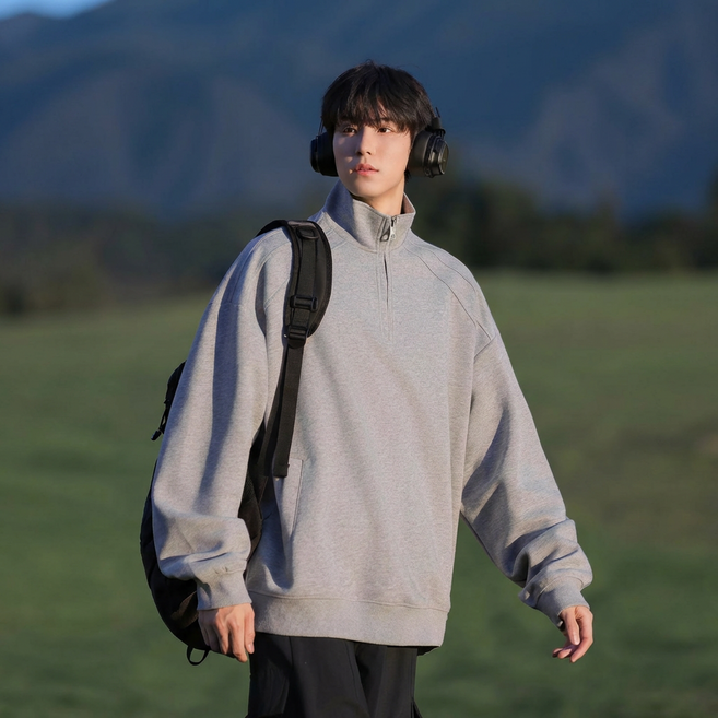 ANYOU 봄 남성 반지퍼 스탠드칼라 포켓 스웨트셔츠 편안한 면 소재 맨즈 긴팔 티