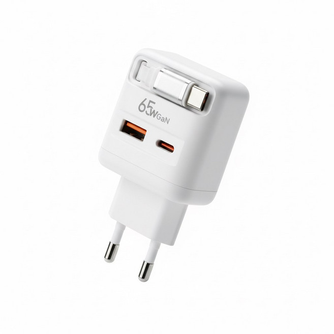 65W GaN C타입 케이블 일체형 초고속 2포트 멀티 고속 핸드폰 충전기, 1개, 화이트