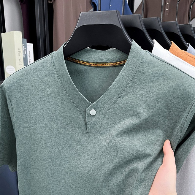 빙사 남성 티셔츠 여름 반팔 V넥 캐주얼 만능 단색 반팔 상의