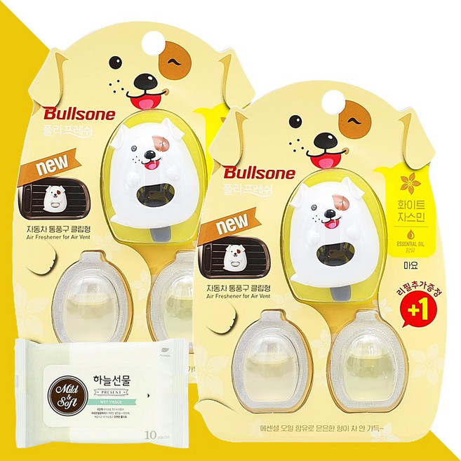 불스원 폴라프레쉬 자동차 통풍구 클립형 캐릭터 방향제 마요 화이트자스민향 2개(+하늘선물 물티슈 10매), 2개