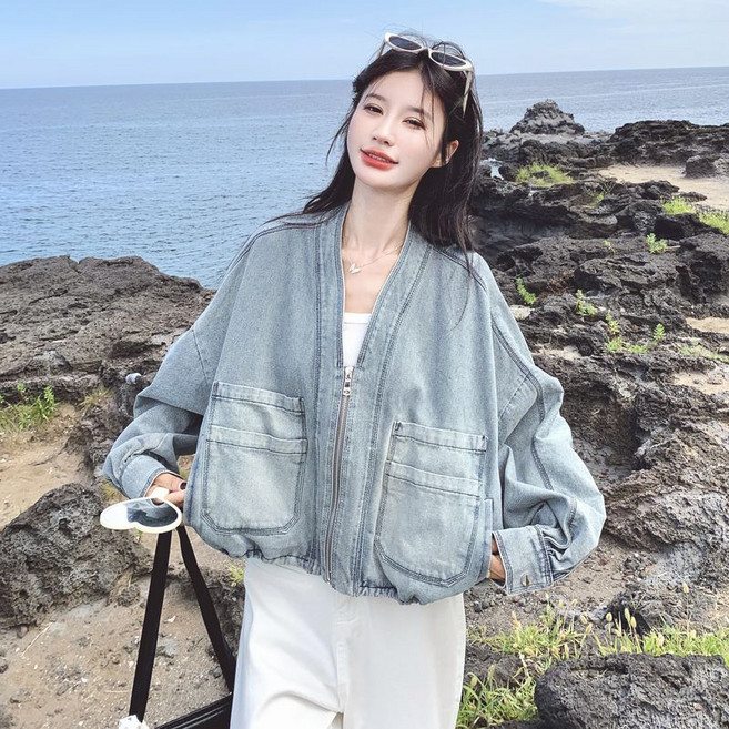 여성 오버핏 브이넥 청자켓 여자 포켓 크롭 집업 데님 자켓 점퍼 아우터