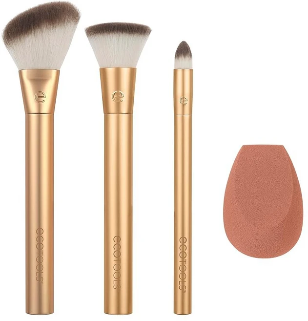 아이섀도 블러셔 파우더 제품용 에코툴즈 귀금속 치크 앤 아이 하이라이트 메이크업 브러시 키트 친환경 크루얼티 프리 페이스 재활용 알루미늄 크롬 4피스 세트, Bronze Face Blend/ 4 Piece Set, 1개 - 쿠팡