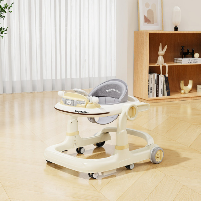 DIU 嬰兒學步車6到18個月多功能嬰幼兒寶寶兒童三合一學行車新款, 標準款-米芙白-音樂盤+地剎+調速大輪(X177):如圖