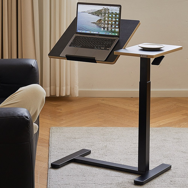 아우스 원목 FJ09 프리미엄 유압식 높이조절 각도조절 테이블 침대사이드테이블 쇼파사이드테이블 높이조절테이블 보조테이블 침실테이블, 블랙