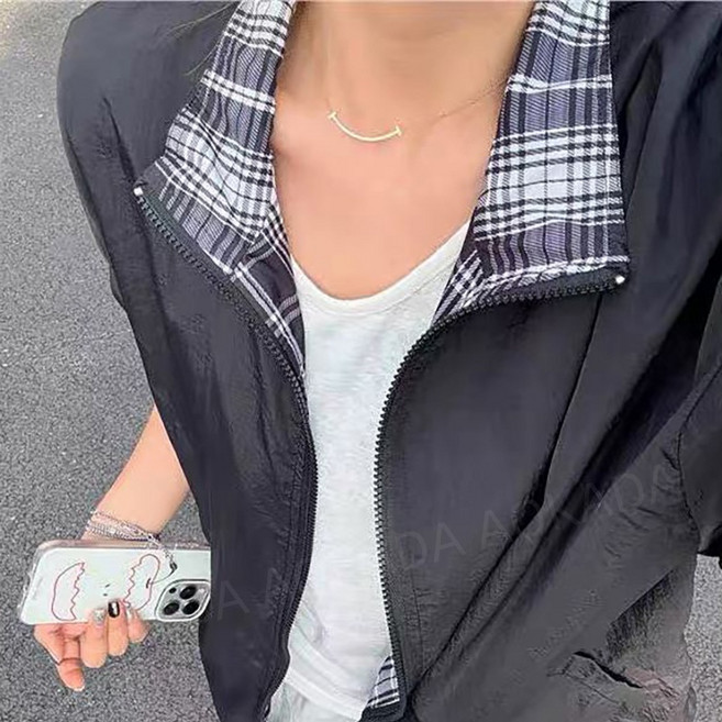 AOKADA 남녀공용 쿨링 아이스 바람막이 자외선차단 체크카라 냉감 윈드브레이커 등산복, 블랙