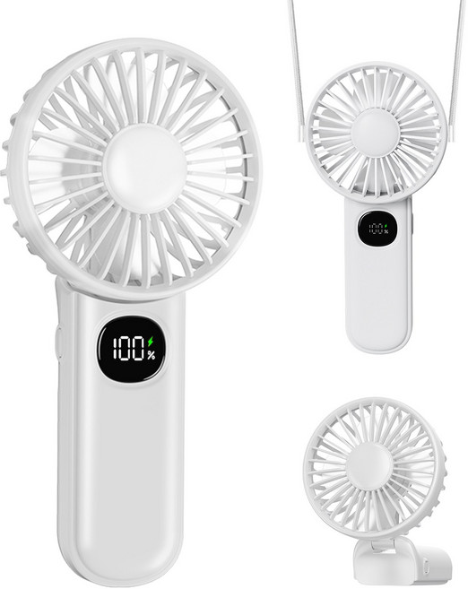 xigmer 미니 선풍기 LED 목걸이선풍기 접이식 손선풍기 휴대용 캠핑용 무선선풍기 5단 풍속, 화이트