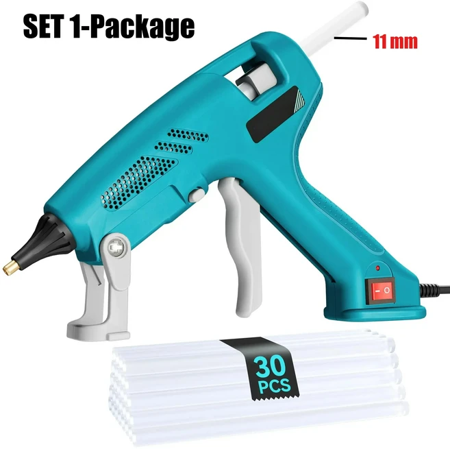 150W 산업용 핫멜트 글루건 세트 빠른 예열 핫 실리콘 건 11mm 스틱 포함 공예 DIY 수리 도구 220V, 01 유럽 ​​연합, 01 SET 1-30pcs-sticks