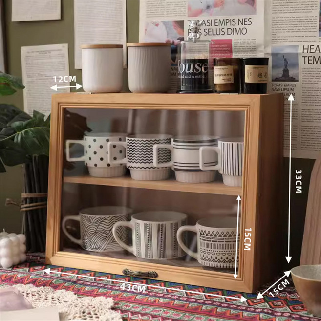 木製玻璃展示櫃 收納櫃 43x33x15cm, 原木色大號翻蓋兩層亞克力, 1個