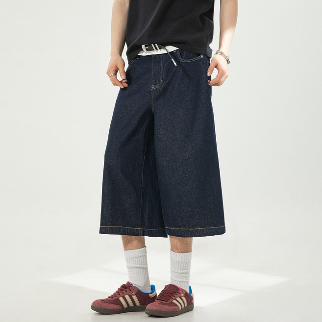 하울맨 남성 여름 생지 데님 와이드핏 7부 스티치 버뮤다 팬츠