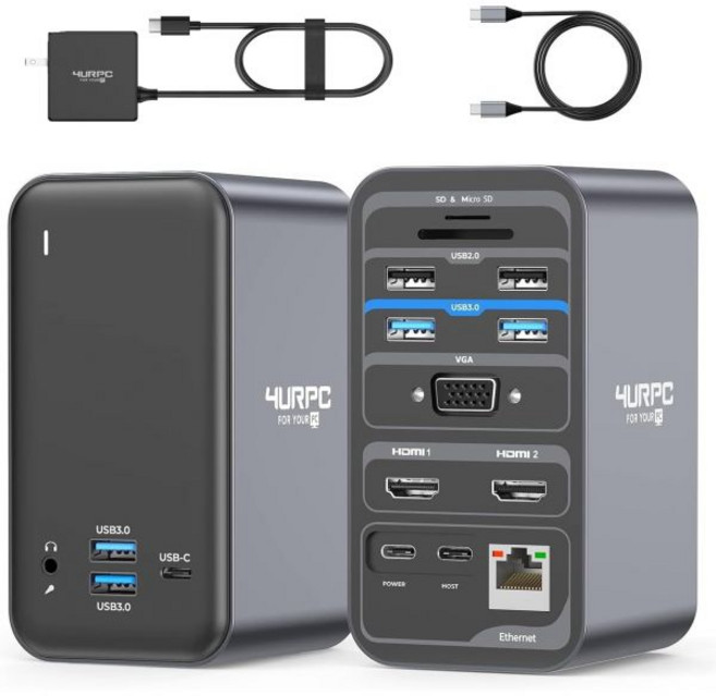 USB C 도킹 스테이션 듀얼 모니터 HDMI 도크 노트북 2 포트 VGA 65W 전원 어댑터 6개 이더넷 SD/TF 카드 슬롯 오디오/마이크, USB C 도킹 스테이션 듀얼 모니터 HDMI 도크 노