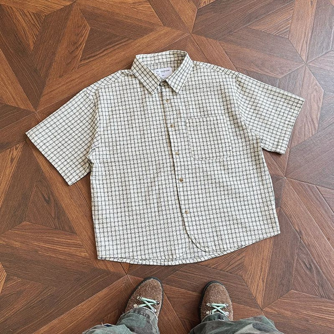 夏季泡泡紗格子寬鬆襯衫復古男女五分短袖襯衣上衣cleanfit