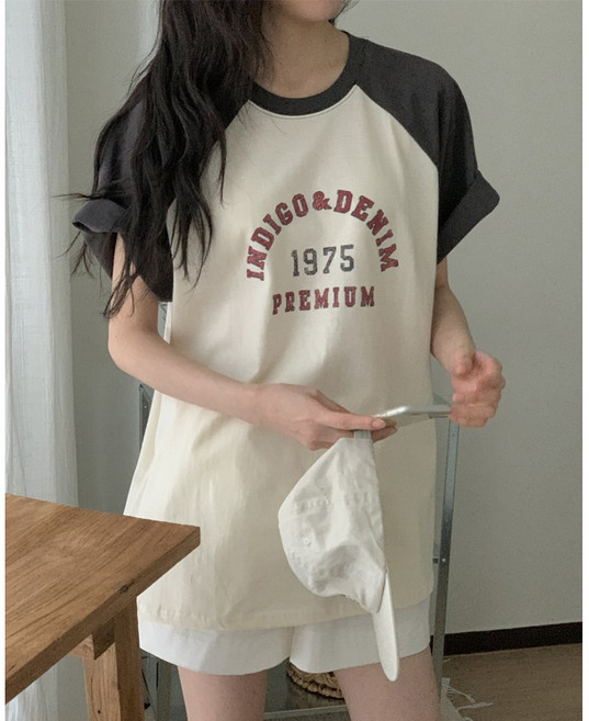 R236 인디고 배색박스티 라운드 코튼 나그랑 레터링 프린트 루즈핏 반팔 롱티
