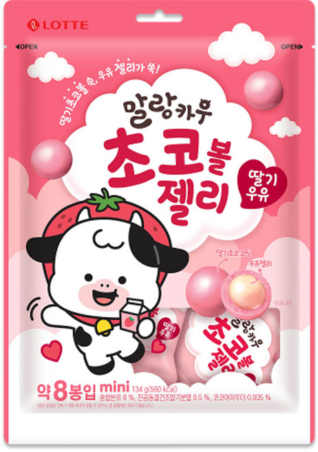 롯데 말랑카우 초코볼젤리 딸기우유 디저트 간식 134g, 1개