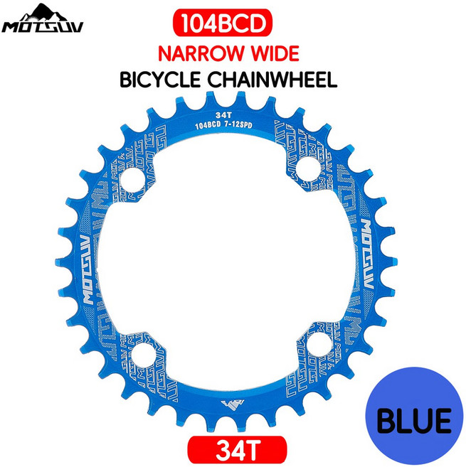 자전거 크랭크 104BCD 플레이트 체인휠 36T 체인링 34T 원형 서클 단일 좁은 크랭크셋 MTB 38T 32T 와이드, Blue nd 34T, 1개