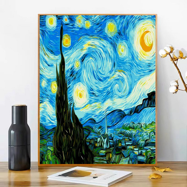 반 고흐의 별빛 속 화려한 해바라기를 그린 수제 채색 벽걸이 그림 3D보석십자수 캔버스형 액자 세트 행복과 행운을 불러오는 명화, ZL-123, 50*70cm (액자 없음), 1개