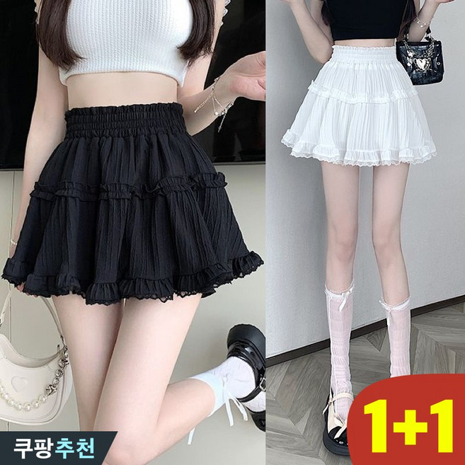 (완전 추천) 1+1 날씬해보이는 여성 러블리 주름치마 볼륨 미니 스커트 여름 편한 프렌치 청순 레이스 트리밍 디자인 풍성한 패션 밴딩 발레코어 속바지 a라인 프릴 케이크 스커트