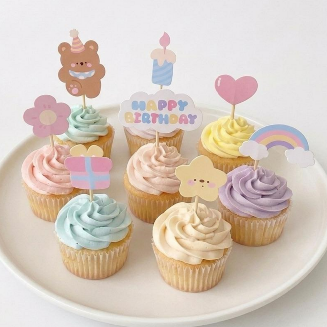 생일 파티 컵 케이크 미니 데코 픽 토퍼 Happy birthday 해피 버스데이 베이킹 카페 유치원 어린이집 아들 딸, 10개, 알록달록