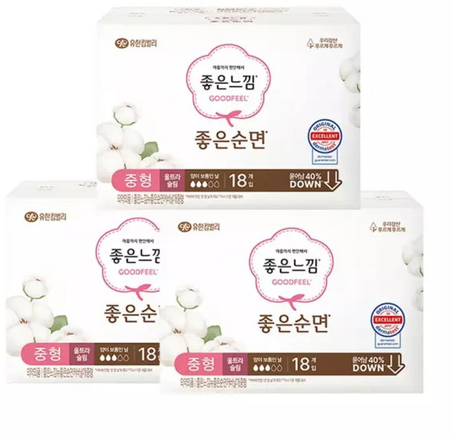 좋은느낌 좋은순면 울트라슬림 날개 중형 18개입 3팩 (총54개), 3개