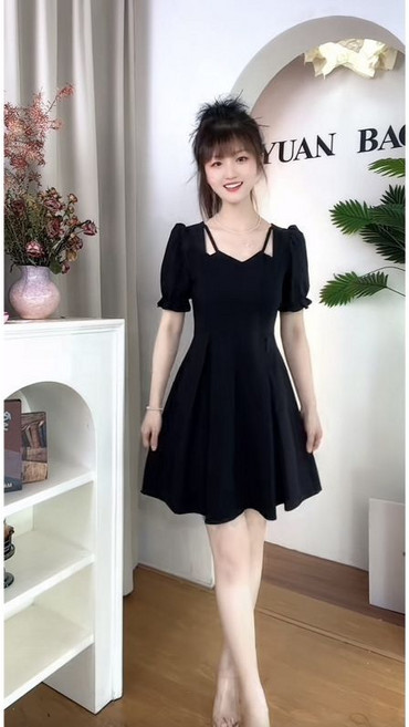 方領短袖連衣裙, 黑色,L
